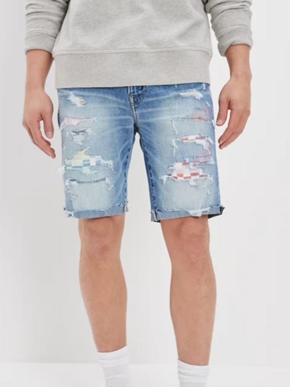 American Eagle Light Blue Distressed Jean Shorts with Patchwork